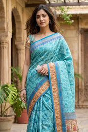 Sky Blue Printed Semi Tussar Silk Saree 10077223