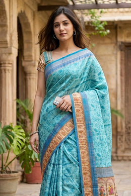 Sky Blue Printed Semi Tussar Silk Saree 10077223