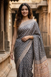 Grey Printed Semi Tussar Silk Saree 10077240
