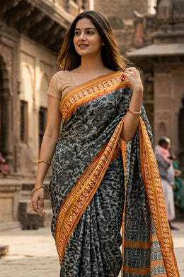 Dark Grey Printed Semi Tussar Silk Saree 10077231