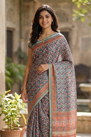 Peacock Blue Printed Semi Tussar Silk Saree 10077222