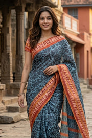 Aqua Blue Printed Semi Tussar Silk Saree 10077232