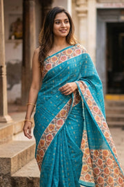 Blue Printed Semi Tussar Silk Saree 10077236