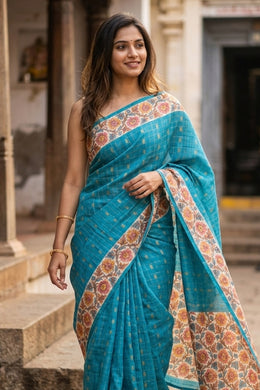 Blue Printed Semi Tussar Silk Saree 10077236