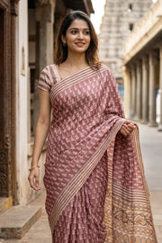 Light Brown Printed Semi Tussar Silk Saree 10077239