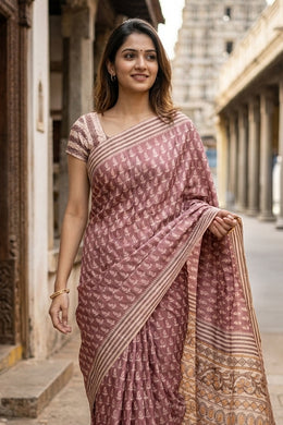 Light Brown Printed Semi Tussar Silk Saree 10077239
