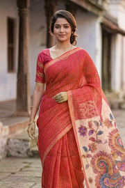 Red Printed Semi Tussar Silk Saree 10077243