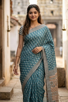 Aqua Sea Blue Printed Semi Tussar Silk Saree 10077241