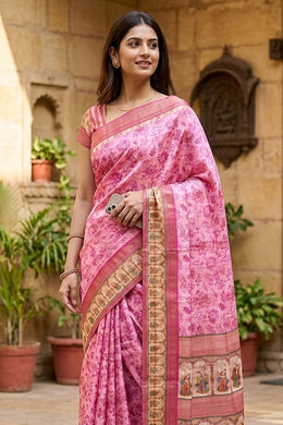Baby Pink Printed Semi Tussar Silk Saree 10077225