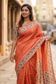 Orange Printed Semi Tussar Silk Saree 10077235