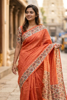 Orange Printed Semi Tussar Silk Saree 10077235