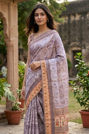 Grey Printed Semi Tussar Silk Saree 10077226