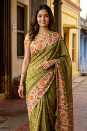 Green Printed Semi Tussar Silk Saree 10077233