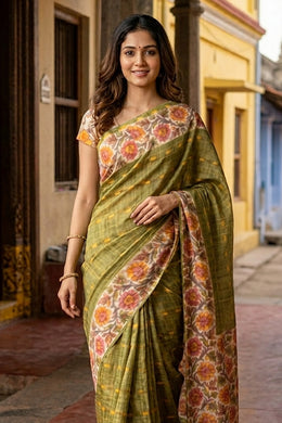 Green Printed Semi Tussar Silk Saree 10077233