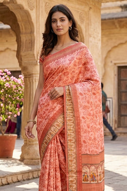 Peach Printed Semi Tussar Silk Saree 10077227
