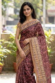 Brown Printed Semi Tussar Silk Saree 10077228