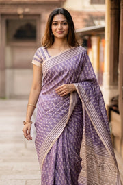 Lavender Printed Semi Tussar Silk Saree 10077237