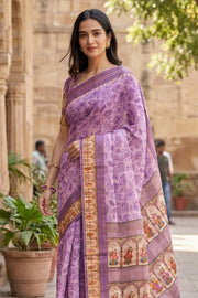 Purple Printed Semi Tussar Silk Saree 10077224
