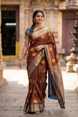 Brown Kanjivaram Vegan Silk Saree with Contrast Pallu 10074865