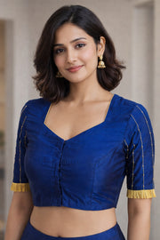 Navy Blue Aari Embroidered Tussar Silk Blouse 10070441