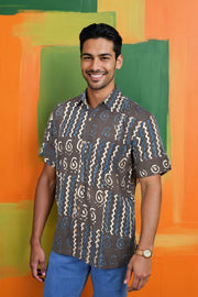 Grey Half Sleeve Ajrakh Printed Cotton Mens Shirt 10073168
