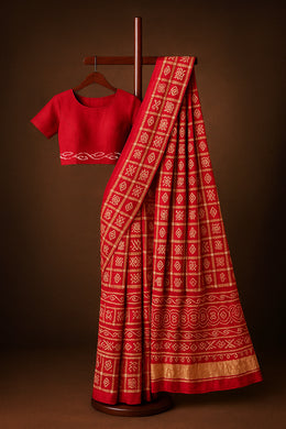 Red Handcrafted Gharchola Bandhani Gajji Silk Saree 10066152