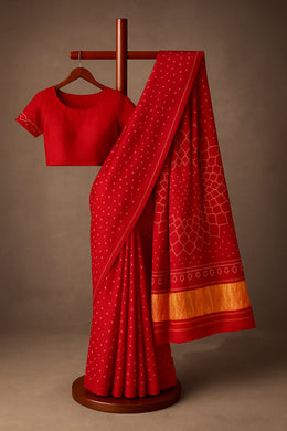 Red Handcrafed Bandhani Modal Silk Saree 10075721