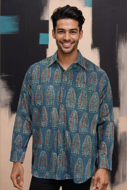 Blue Full Sleeve Ajrakh Printed Cotton Mens Shirt 10071168