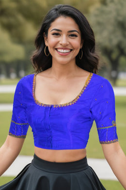 Royal Blue Aari Embroidered Kanjivaram Silk Blouse 10064345