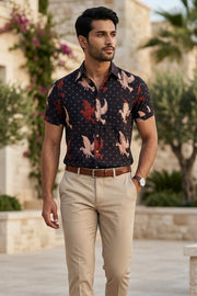 Black Half Sleeve Ajrakh Printed Cotton Mens Shirt 10076822
