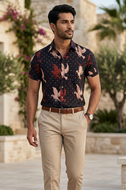 Black Half Sleeve Ajrakh Printed Cotton Mens Shirt 10076822