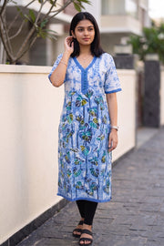 Blue Batik Hand Painted Women Kurta 10077495