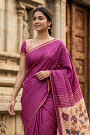Purple Kalamkari Print Semi Linen Saree 10077244