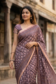 Brown Printed Semi Tussar Silk Saree 10077251