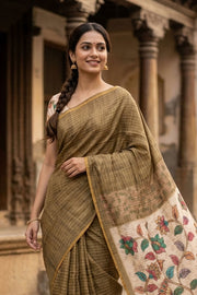 Green Kalamkari Printed Semi linen Silk Saree 10077246