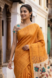 Yellow Kalamkari Printed Semi linen Saree 10077245