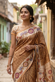 Beige Kalamkari Print Semi Tussar Silk Saree 10077284