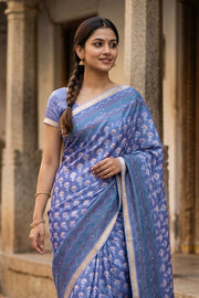 Blue Printed Semi Tussar Silk Saree 10077247