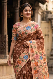 Dark Brown Printed Semi Tussar Silk Saree 10077252
