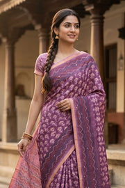 Purple Printed Semi Tussar Silk Saree 10077250