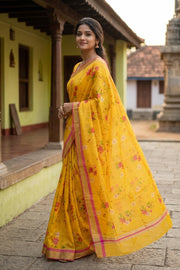 Yellow Floral Motifs Chanderi Printed Silk Cotton Saree 10077374