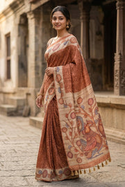 Copper Brown Kalamkari Print Semi Tussar Silk Saree 10077260