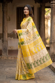 Yellow Handloom Jamdani Cotton Saree 10077529