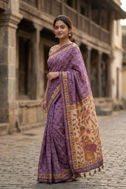 Purple Bandhani Print Semi Linen Saree 10077259
