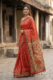 Red Bandhani Print Semi Linen Saree 10077257
