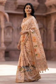 Beige Printed Semi Tussar Silk Saree with Floral Motifs 10077983