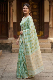 Blue Floral Motifs Chanderi Printed Silk Cotton Saree 10077375