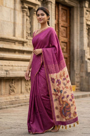 Purple Kalamkari Print Semi Linen Saree 10077244