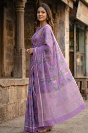 Purple Floral Motifs Chanderi Printed Silk Cotton Saree 10077362