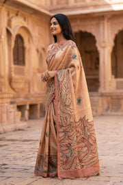 Beige Printed Semi Tussar Silk Saree with Leafy Borders 10077979